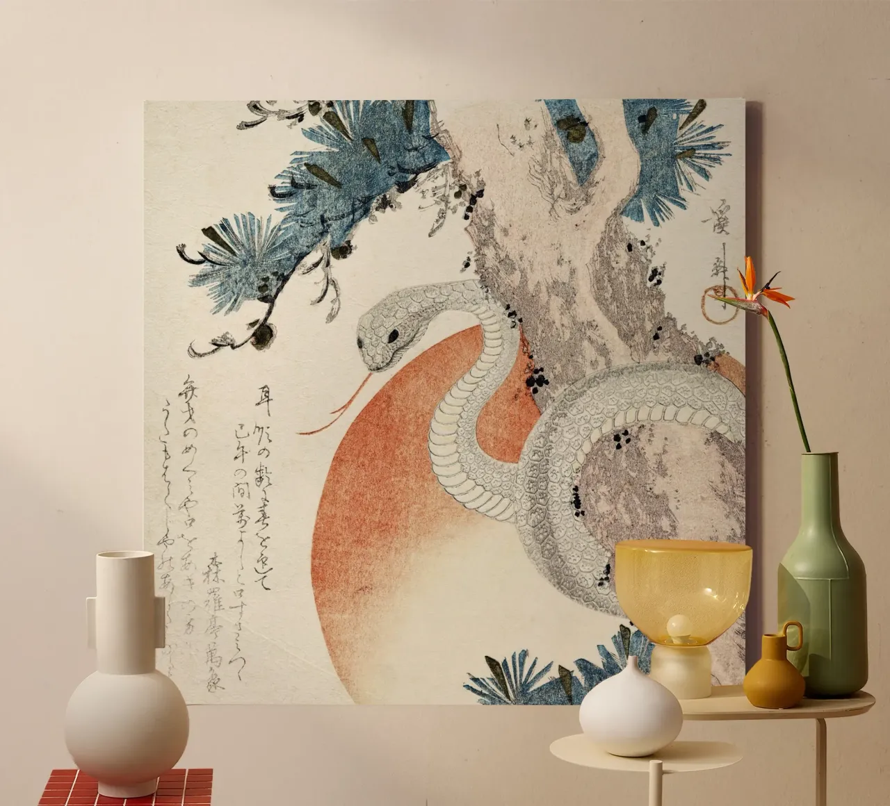 Snake coiled around a pine tree tela da vintageshop