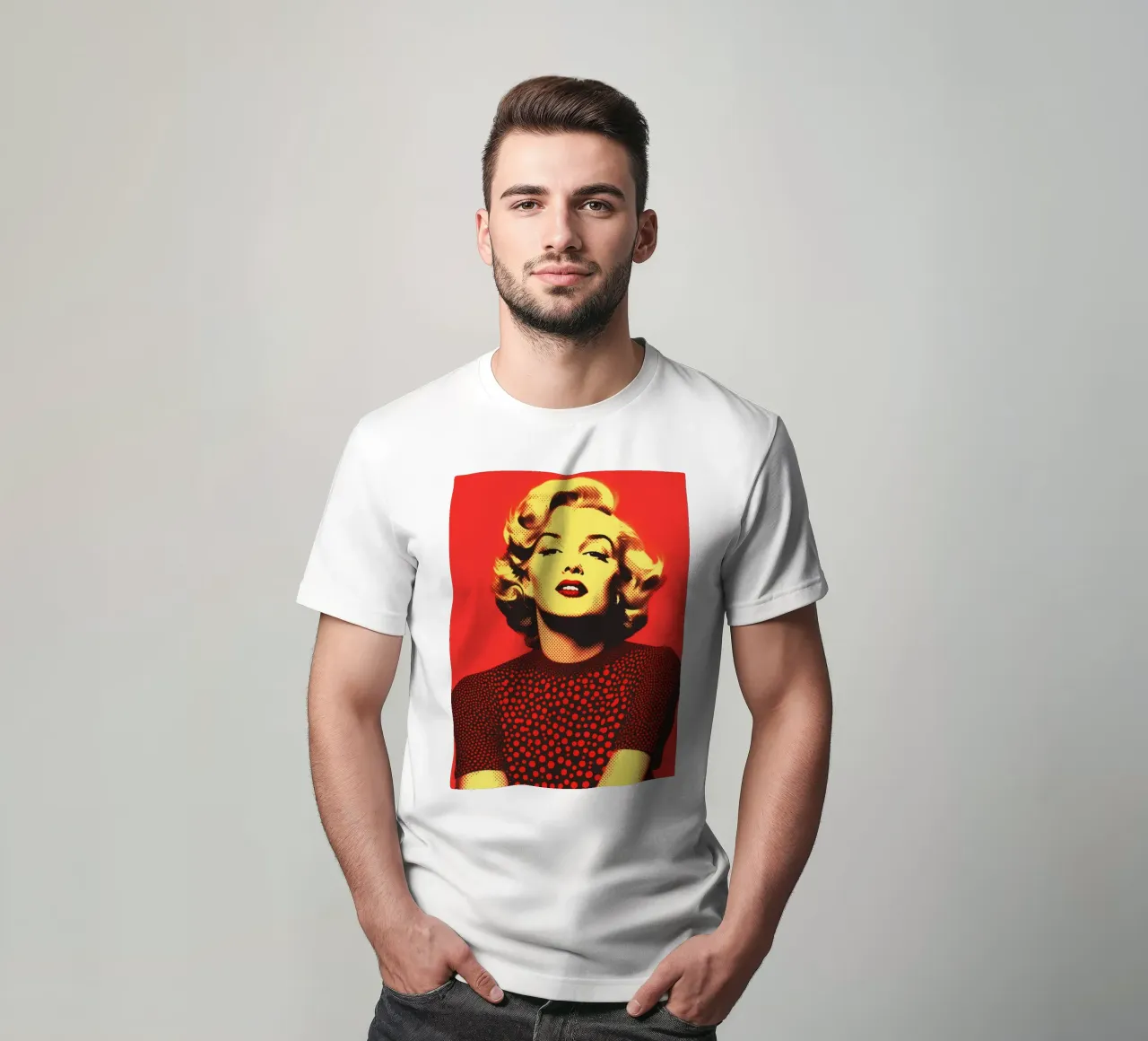Marilyn Monroe in red and yellow | Nostalgic halftone print t-shirt by Autofocus