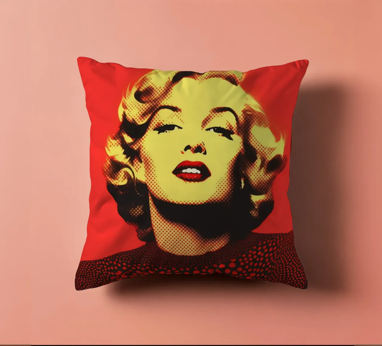 Marilyn Monroe in red and yellow | Nostalgic halftone print decorative cushion by Autofocus