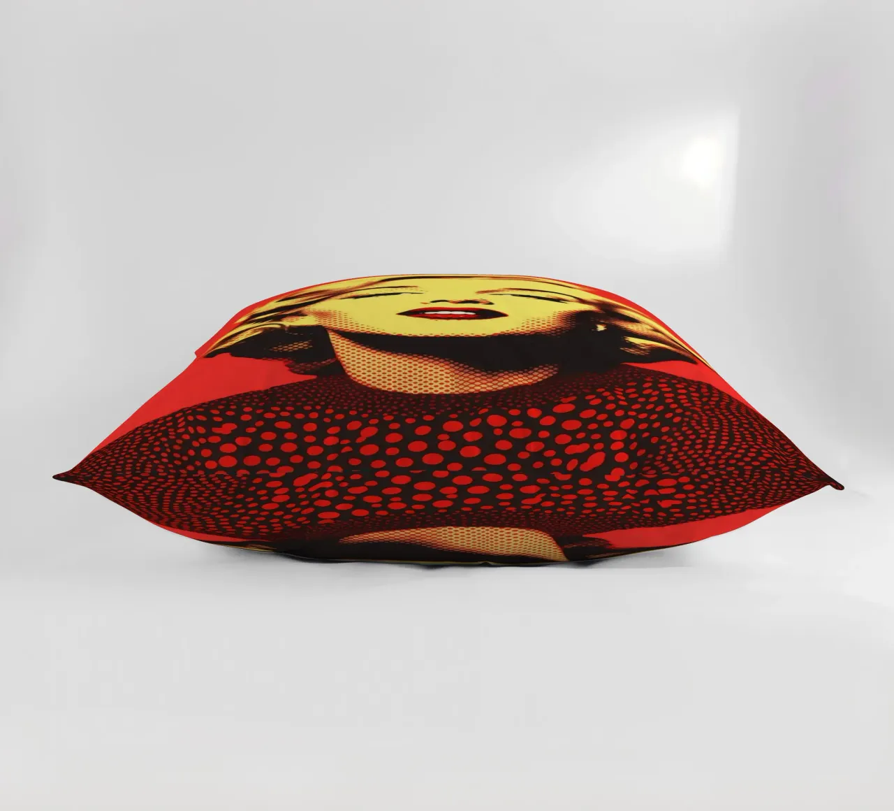 Marilyn Monroe in red and yellow | Nostalgic halftone print decorative cushion by Autofocus