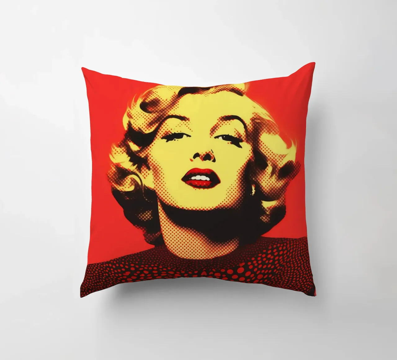 Marilyn Monroe in red and yellow | Nostalgic halftone print decorative cushion by Autofocus