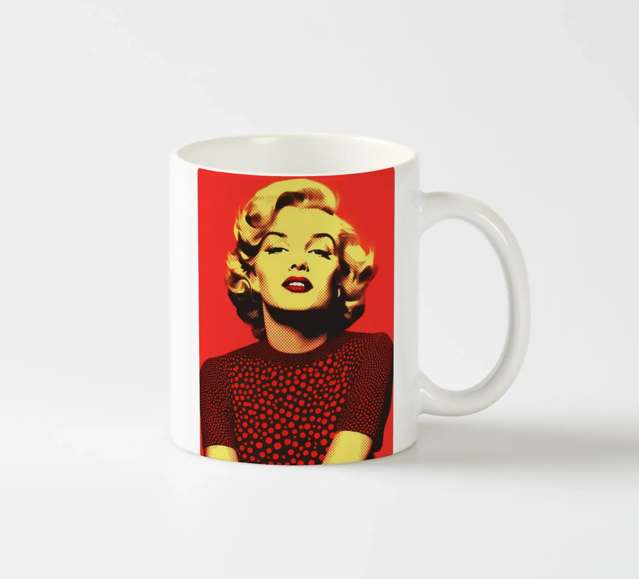 Marilyn Monroe in red and yellow | Nostalgic halftone print ceramic mug by Autofocus