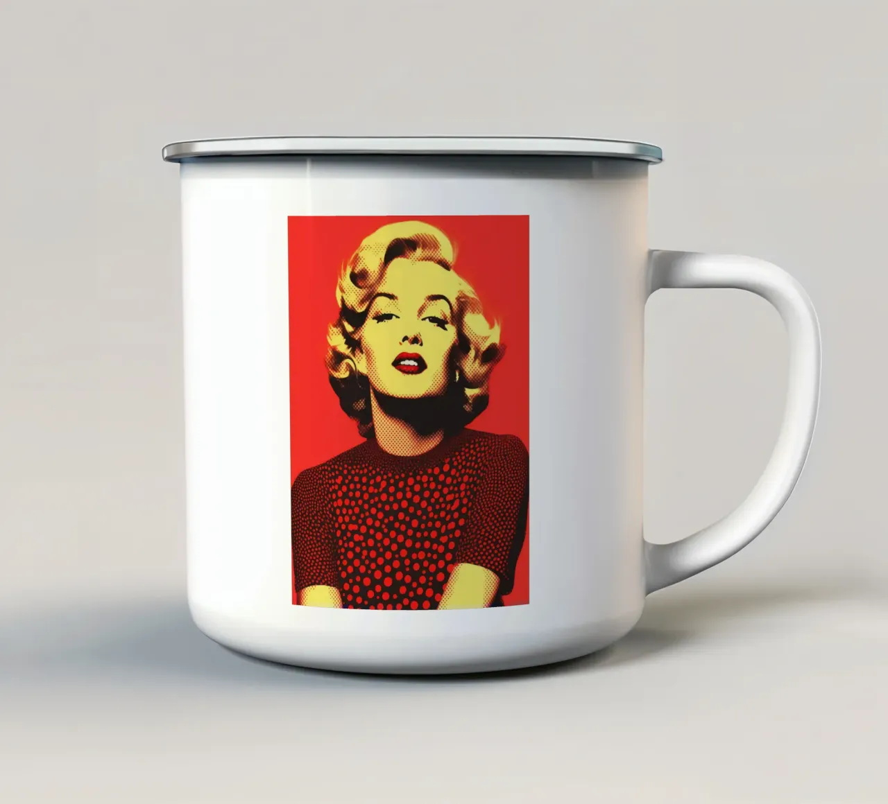 Marilyn Monroe in rosso e giallo | Stampa nostalgica a mezzatinta tazza in smalto da Autofocus