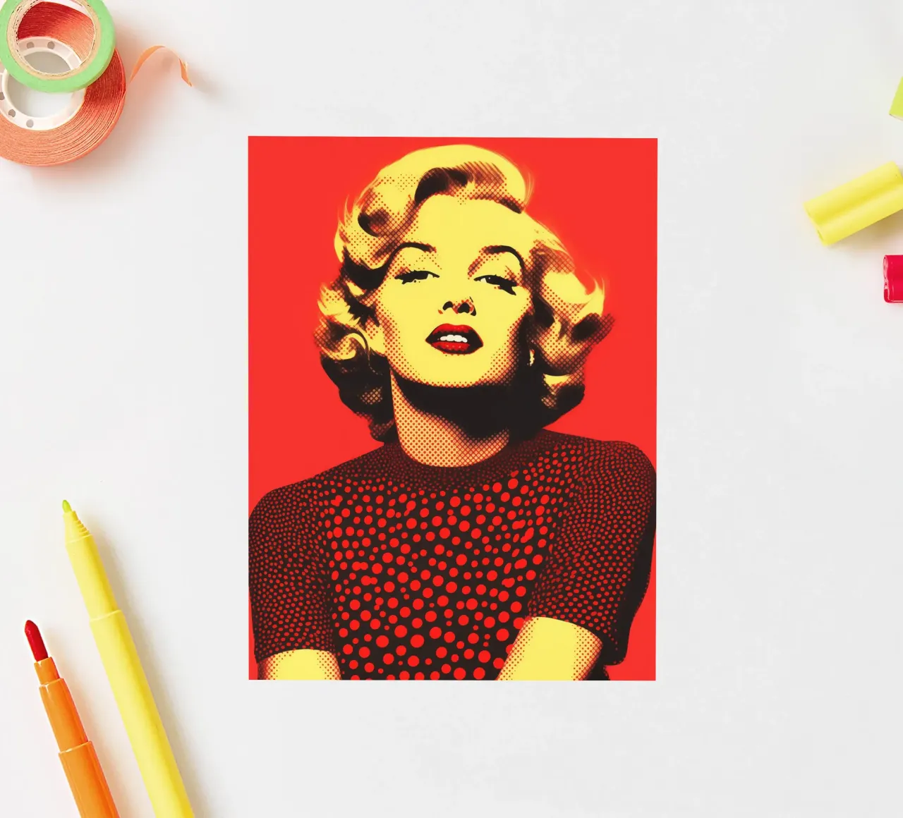 Marilyn Monroe in red and yellow | Nostalgic halftone print sticker by Autofocus