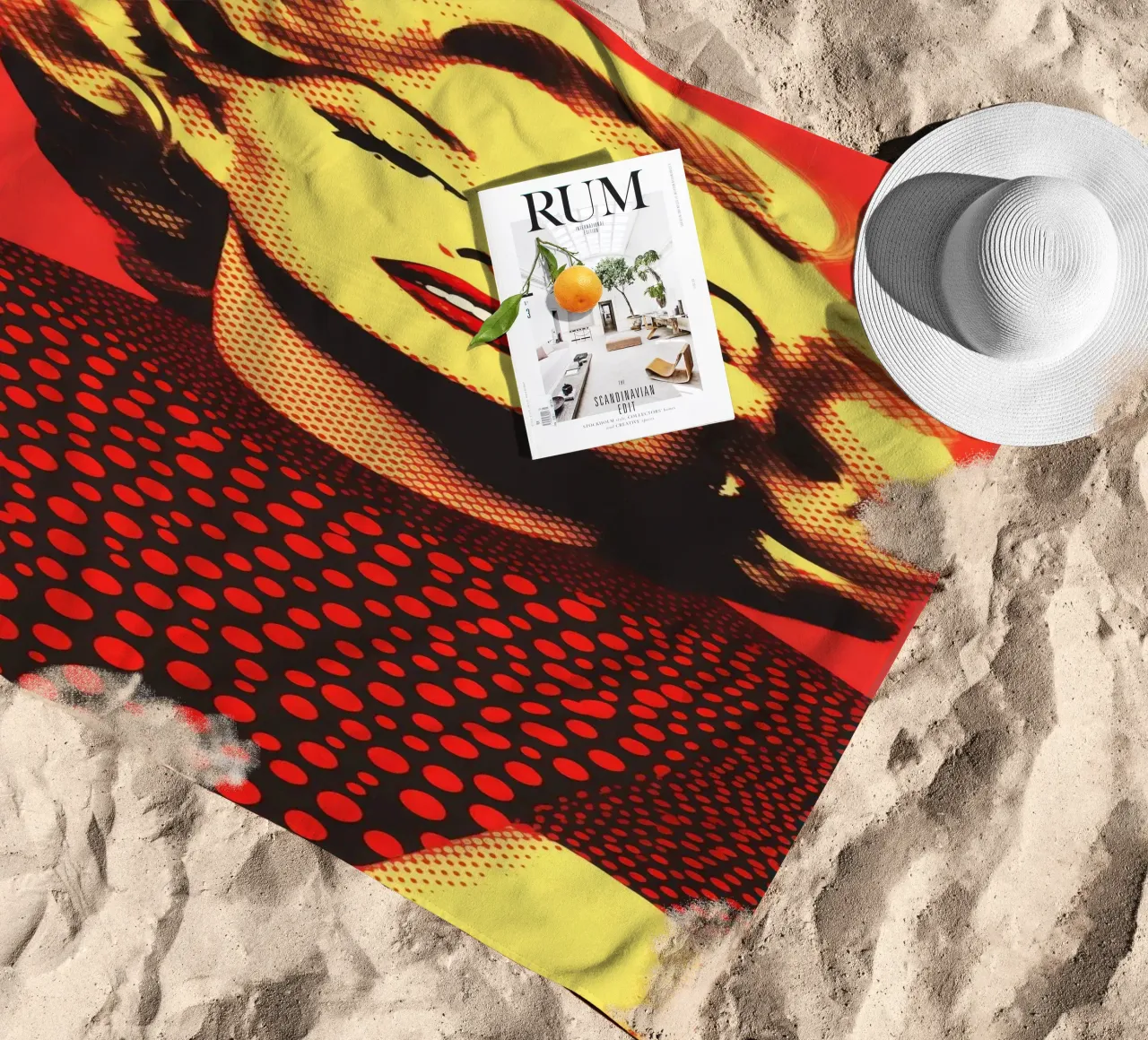 Marilyn Monroe in red and yellow | Nostalgic halftone print beach towel by Autofocus