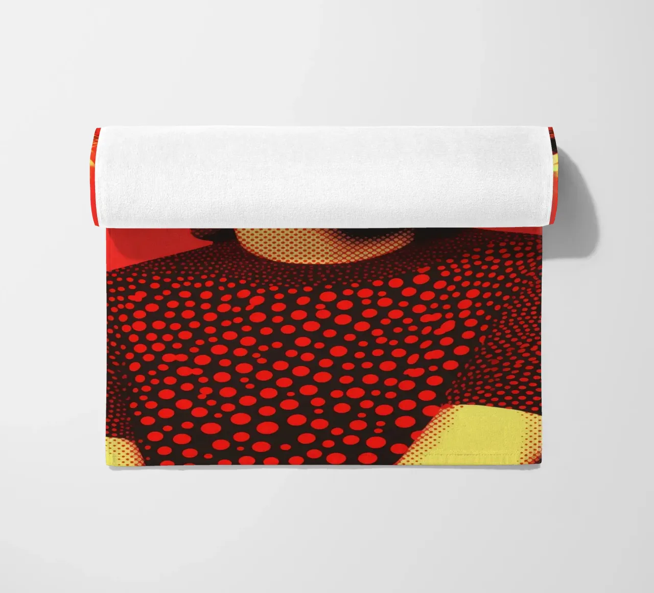 Marilyn Monroe in red and yellow | Nostalgic halftone print beach towel by Autofocus