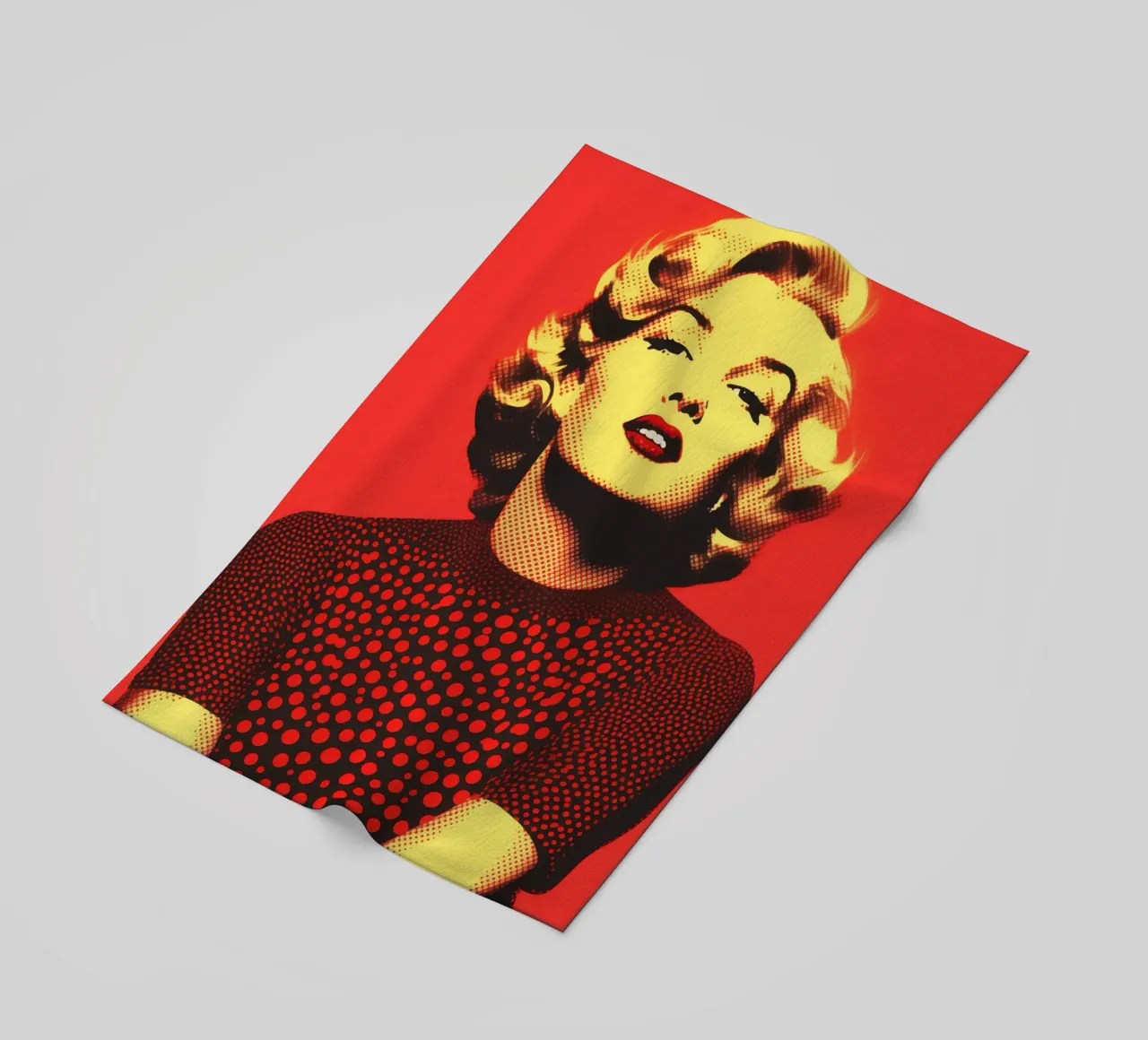 Marilyn Monroe in red and yellow | Nostalgic halftone print beach towel by Autofocus