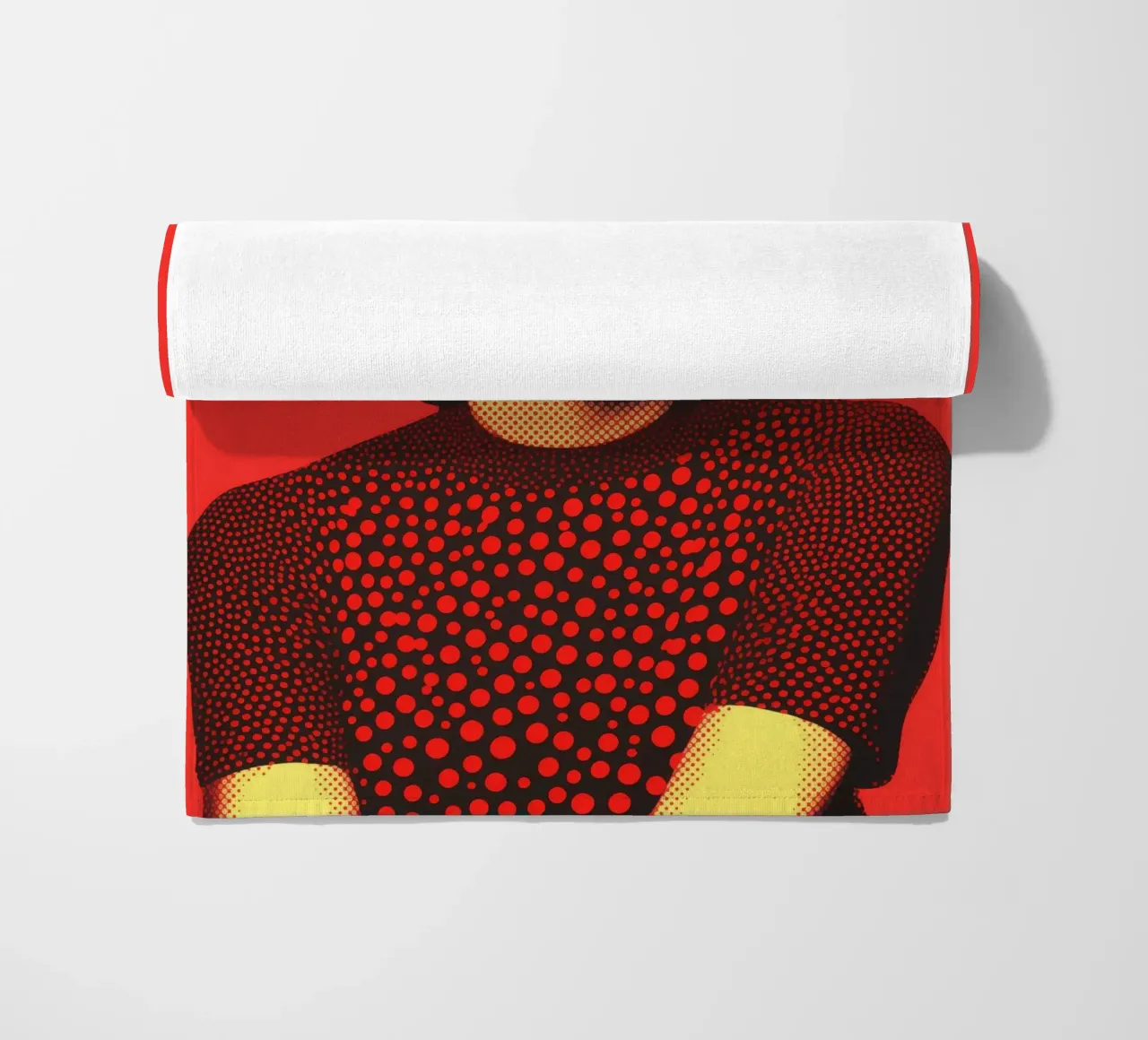Marilyn Monroe in red and yellow | Nostalgic halftone print beach towel by Autofocus