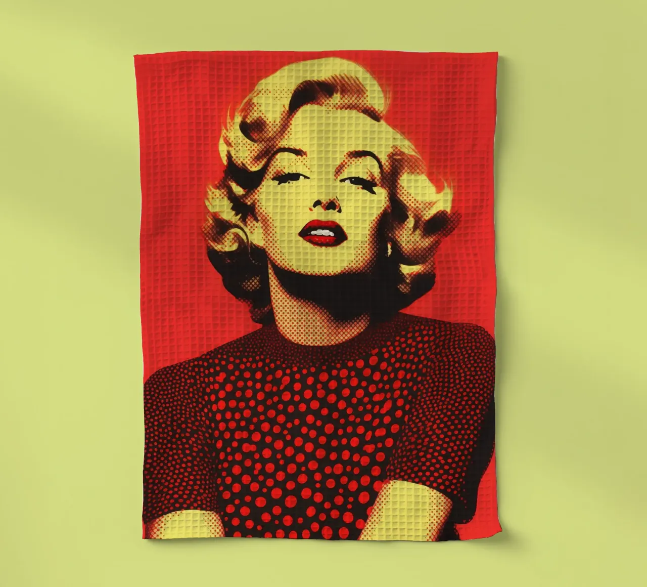 Marilyn Monroe in red and yellow | Nostalgic halftone print tea towel by Autofocus