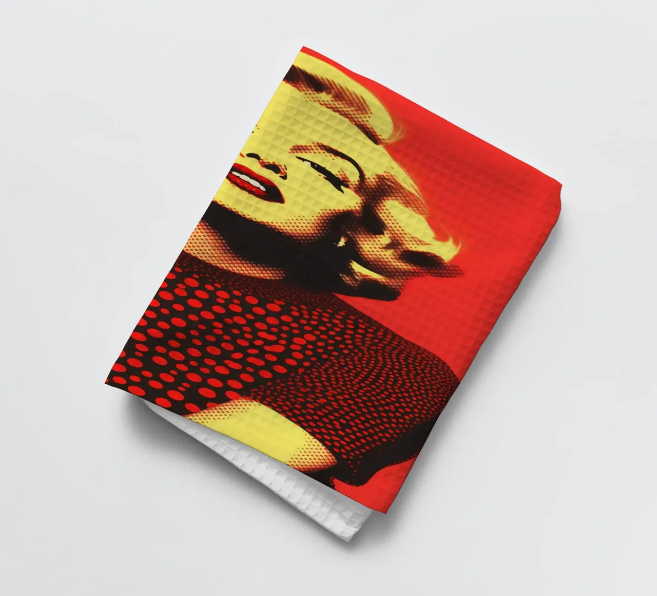Marilyn Monroe in red and yellow | Nostalgic halftone print tea towel by Autofocus
