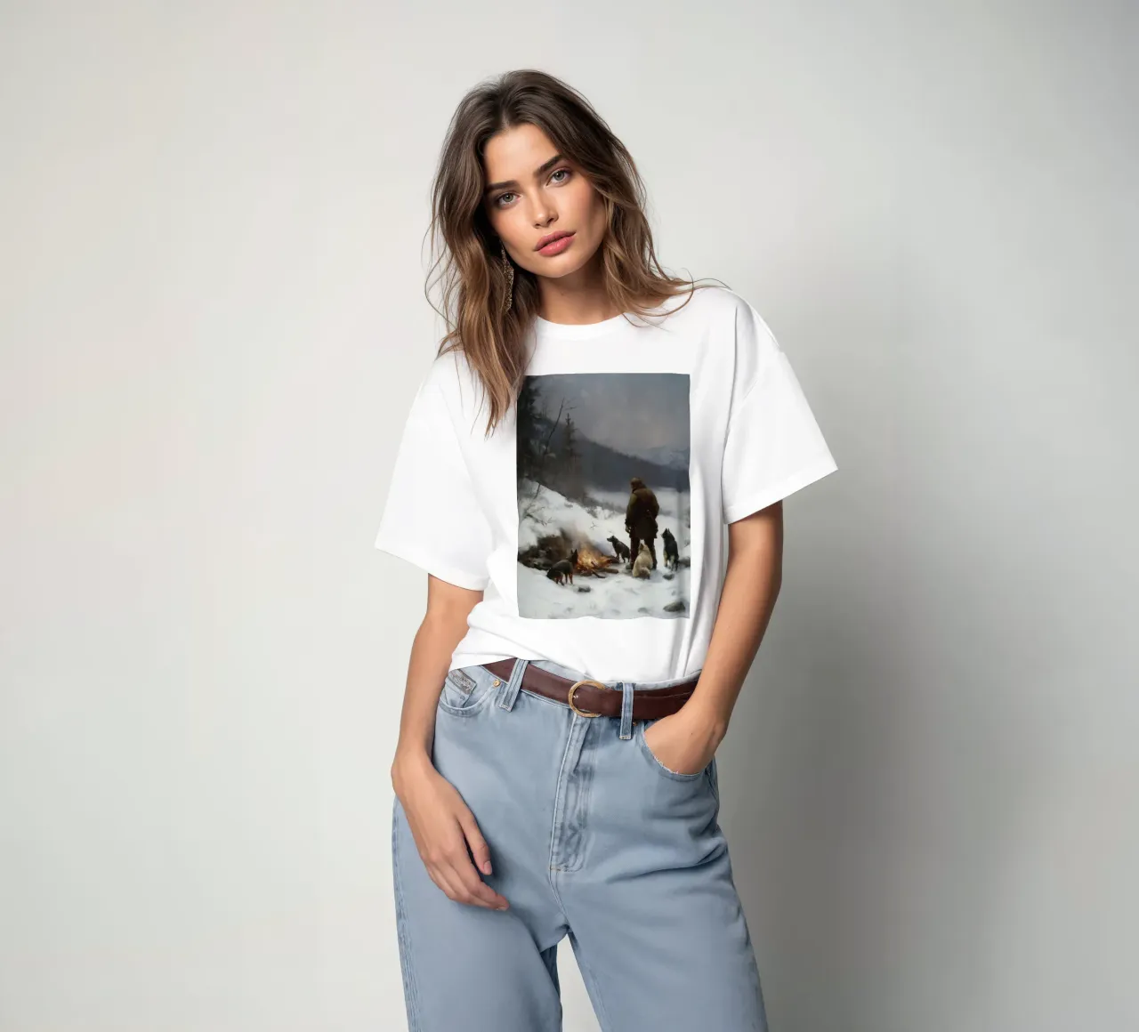 Cacciatore d'inverno al fuoco - Cacciatore con cani Stampa d'arte t-shirt da Cozy Vibes