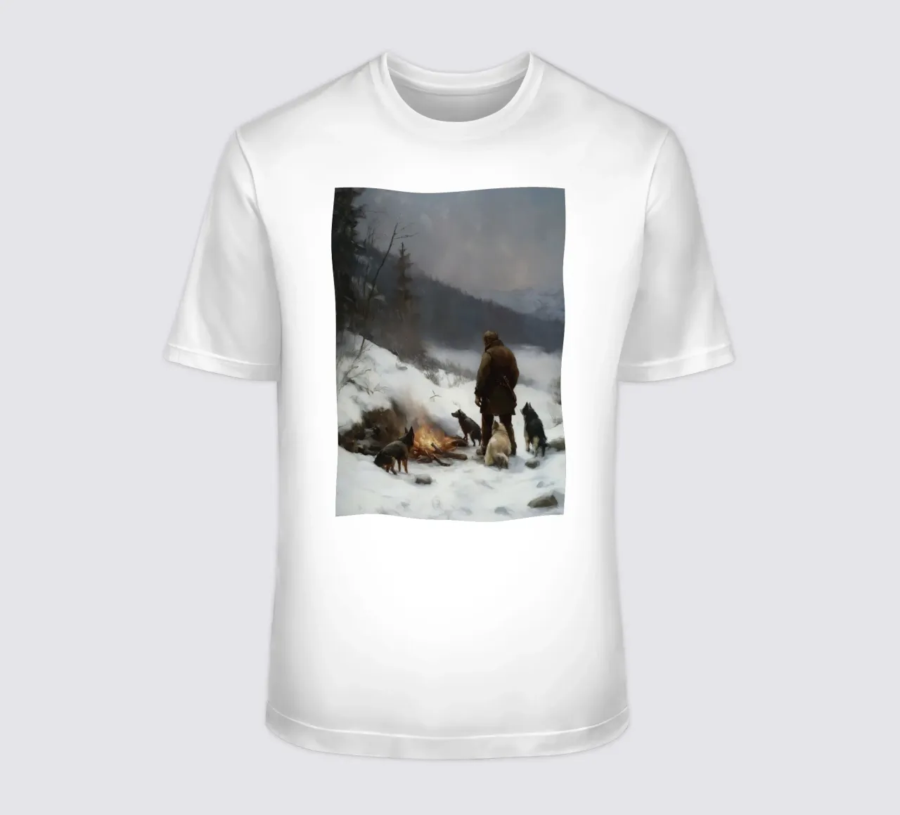 Cacciatore d'inverno al fuoco - Cacciatore con cani Stampa d'arte t-shirt da Cozy Vibes