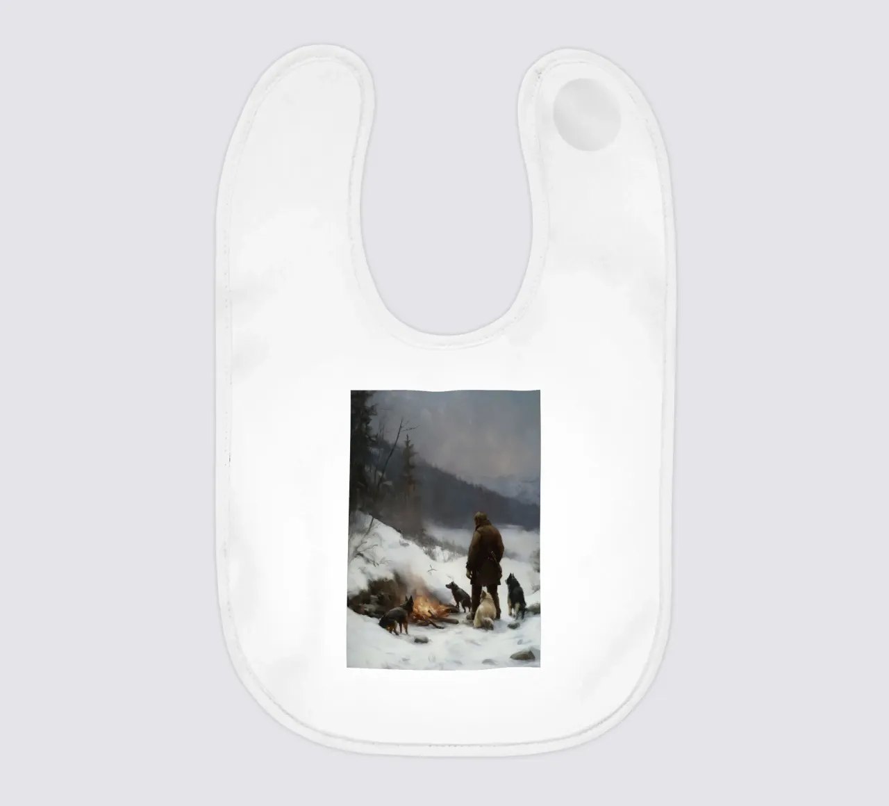 Cacciatore d'inverno al fuoco - Cacciatore con cani Stampa d'arte bavaglino da Cozy Vibes