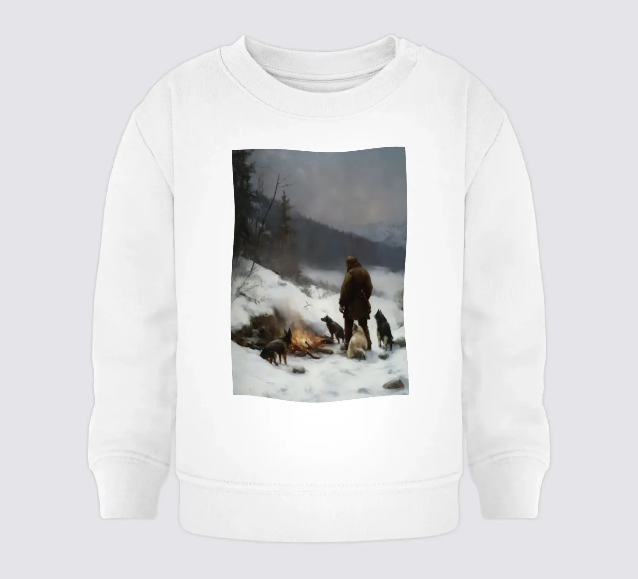 Cacciatore d'inverno al fuoco - Cacciatore con cani Stampa d'arte felpa neonato da Cozy Vibes