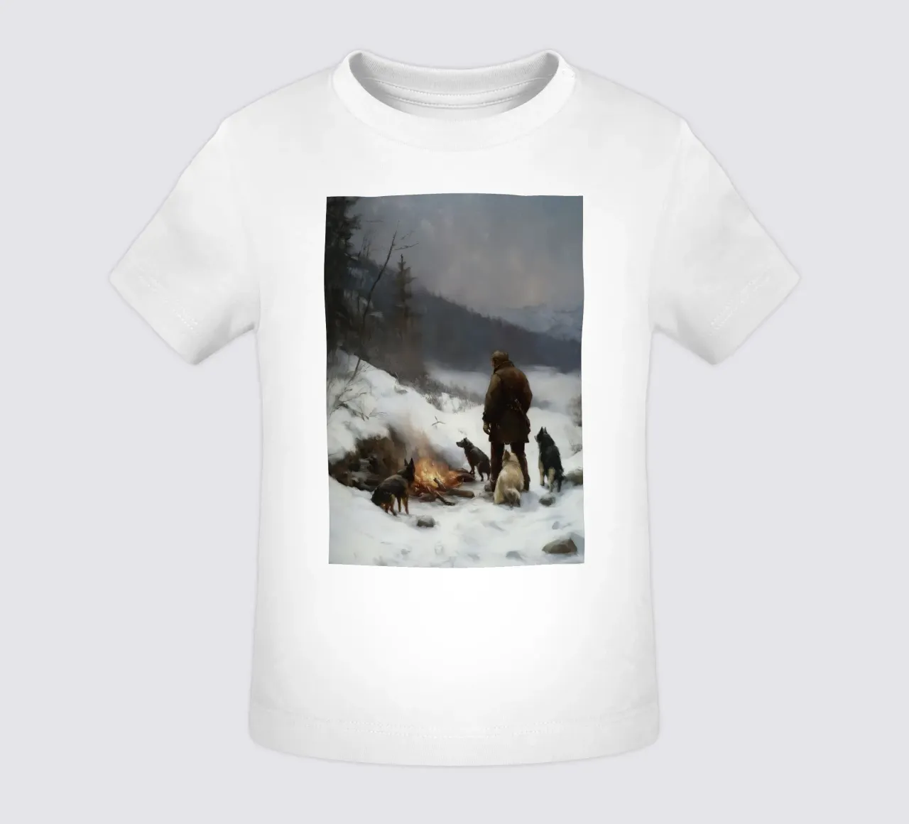 Cacciatore d'inverno al fuoco - Cacciatore con cani Stampa d'arte maglietta neonato da Cozy Vibes
