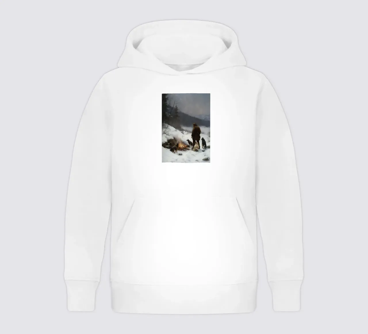 Cacciatore d'inverno al fuoco - Cacciatore con cani Stampa d'arte felpa bambino con cappuccio da Cozy Vibes
