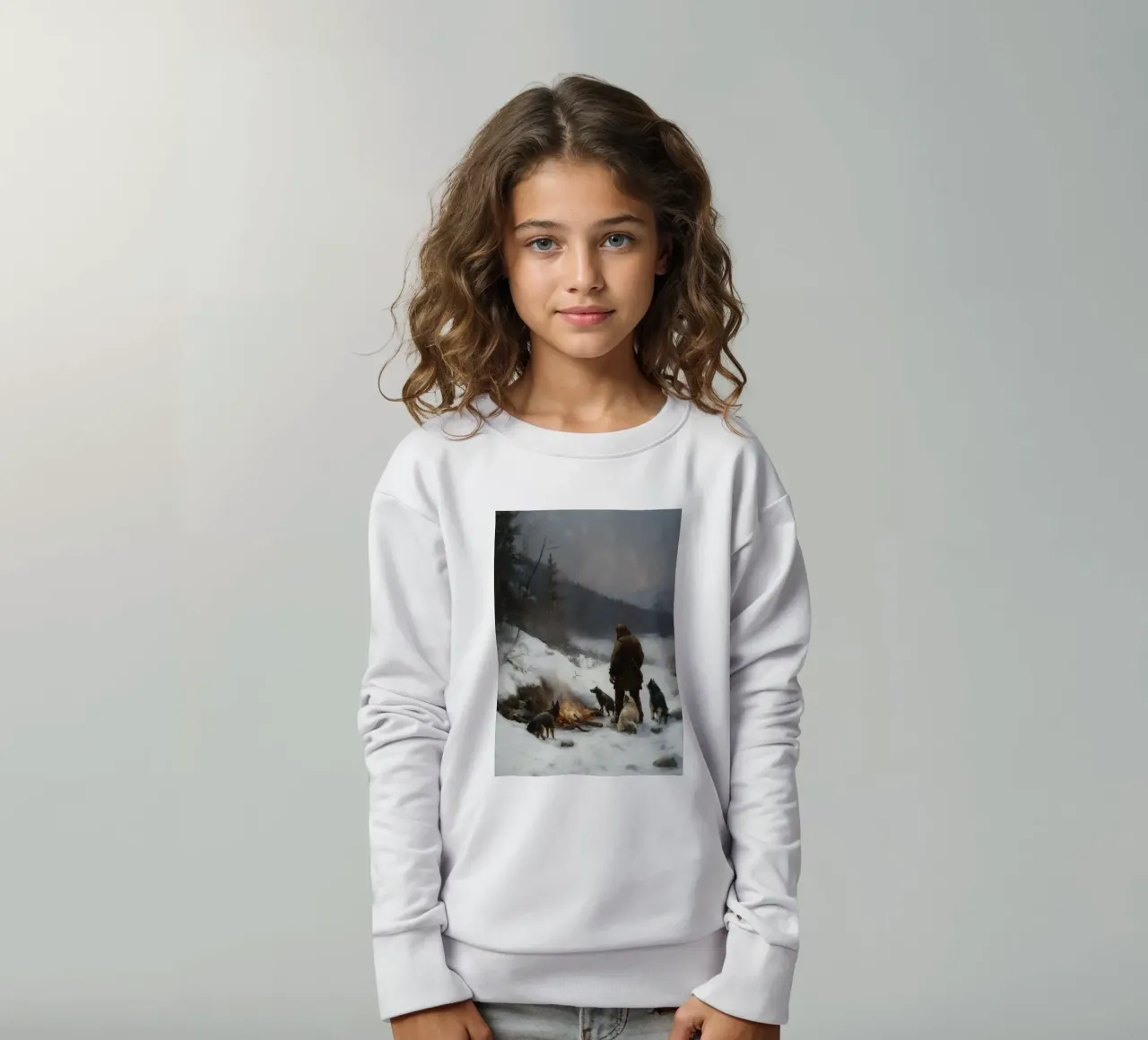 Cacciatore d'inverno al fuoco - Cacciatore con cani Stampa d'arte felpa bambino da Cozy Vibes
