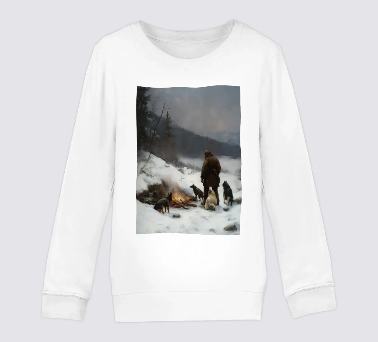 Cacciatore d'inverno al fuoco - Cacciatore con cani Stampa d'arte felpa bambino da Cozy Vibes