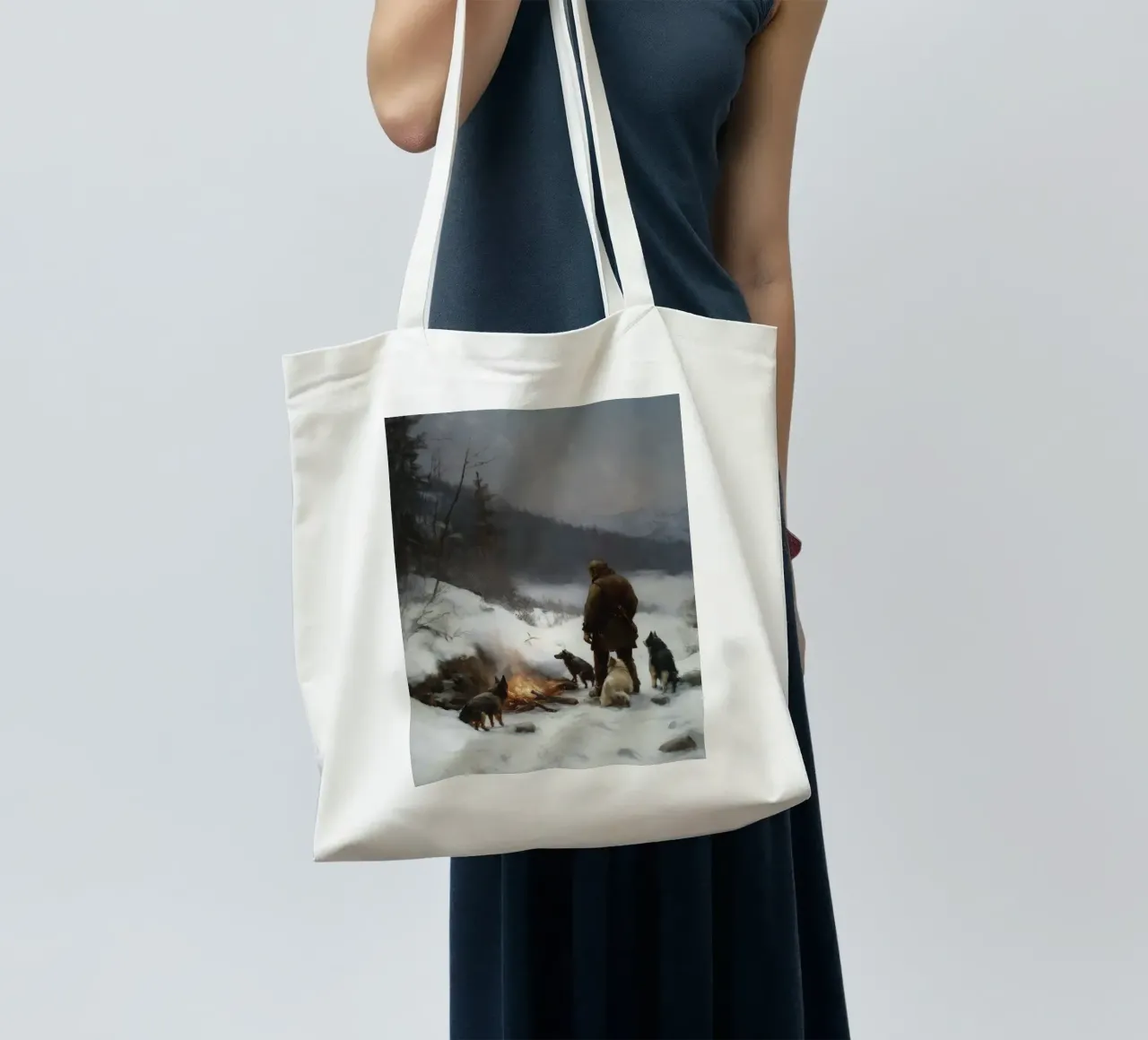 Cacciatore d'inverno al fuoco - Cacciatore con cani Stampa d'arte borsa in juta da Cozy Vibes