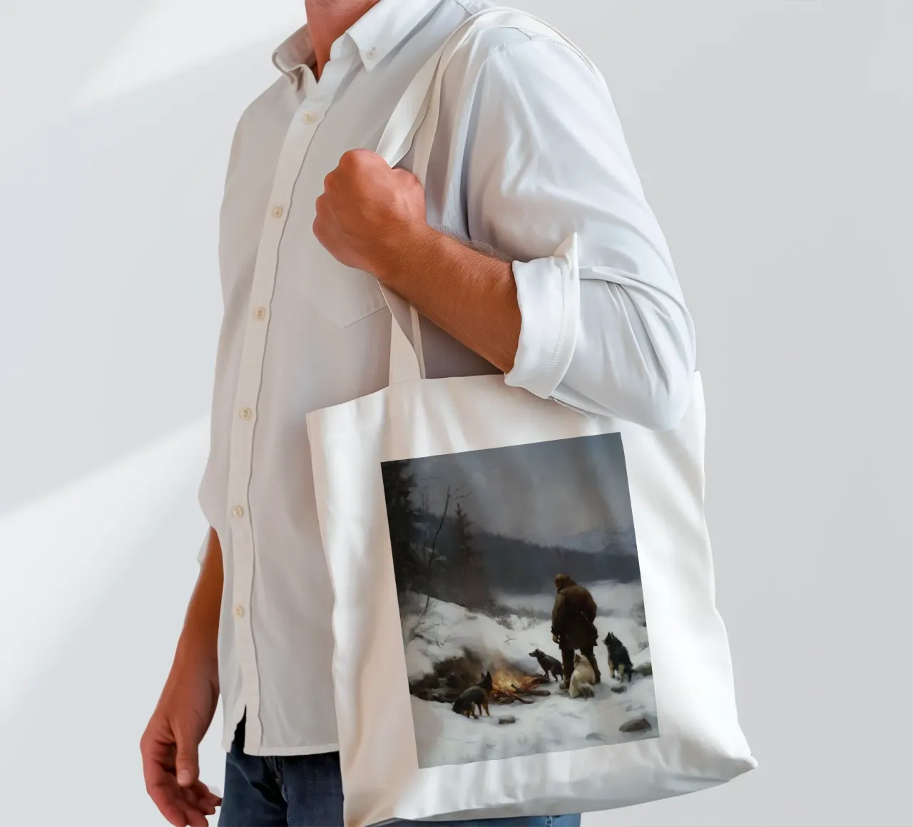 Cacciatore d'inverno al fuoco - Cacciatore con cani Stampa d'arte borsa in juta da Cozy Vibes