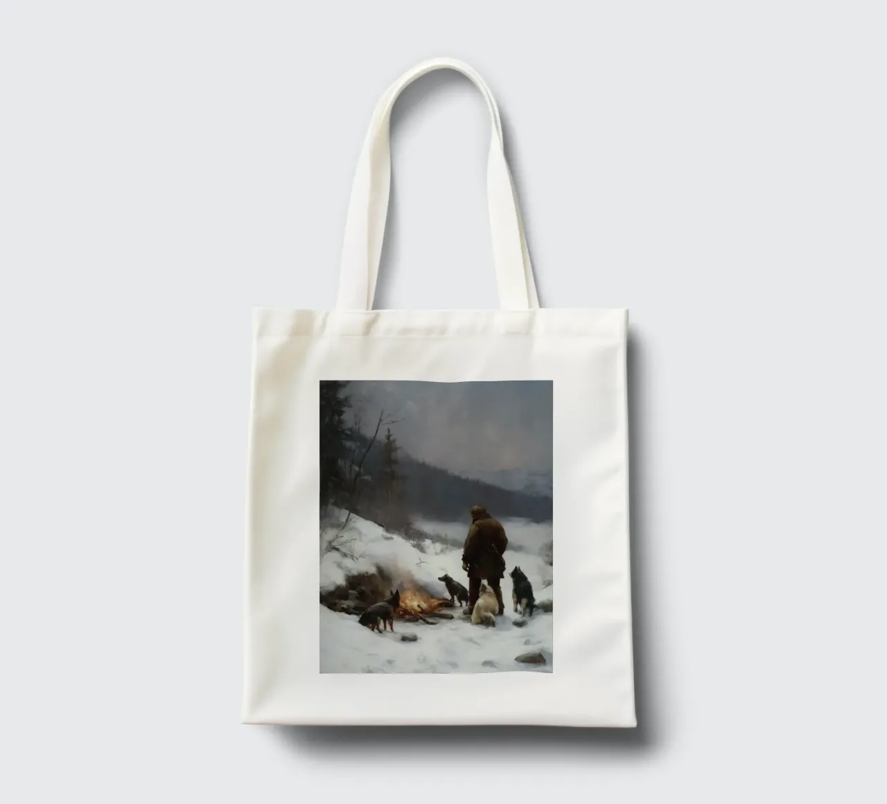 Cacciatore d'inverno al fuoco - Cacciatore con cani Stampa d'arte borsa in juta da Cozy Vibes