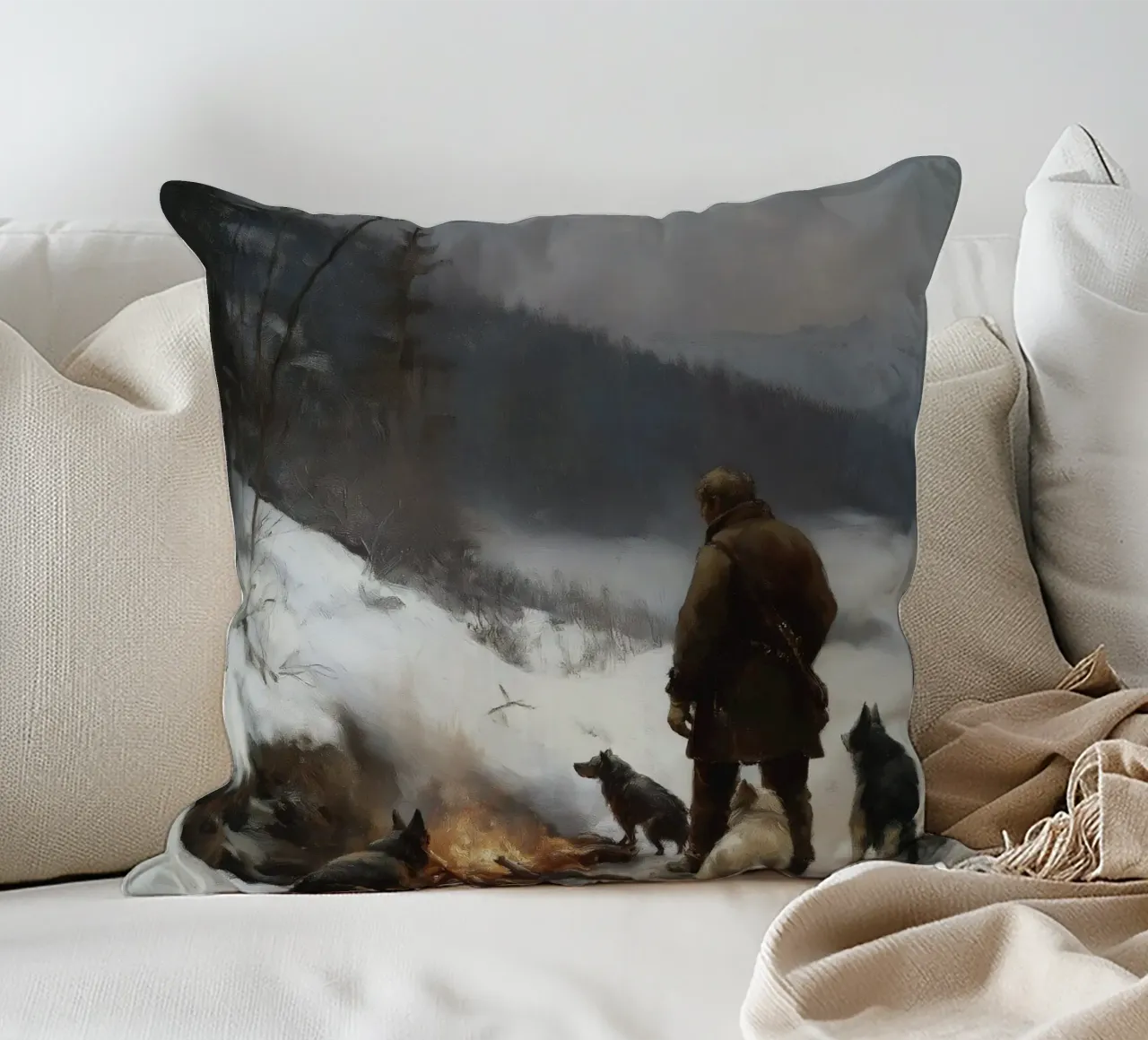 Cacciatore d'inverno al fuoco - Cacciatore con cani Stampa d'arte cuscino da Cozy Vibes