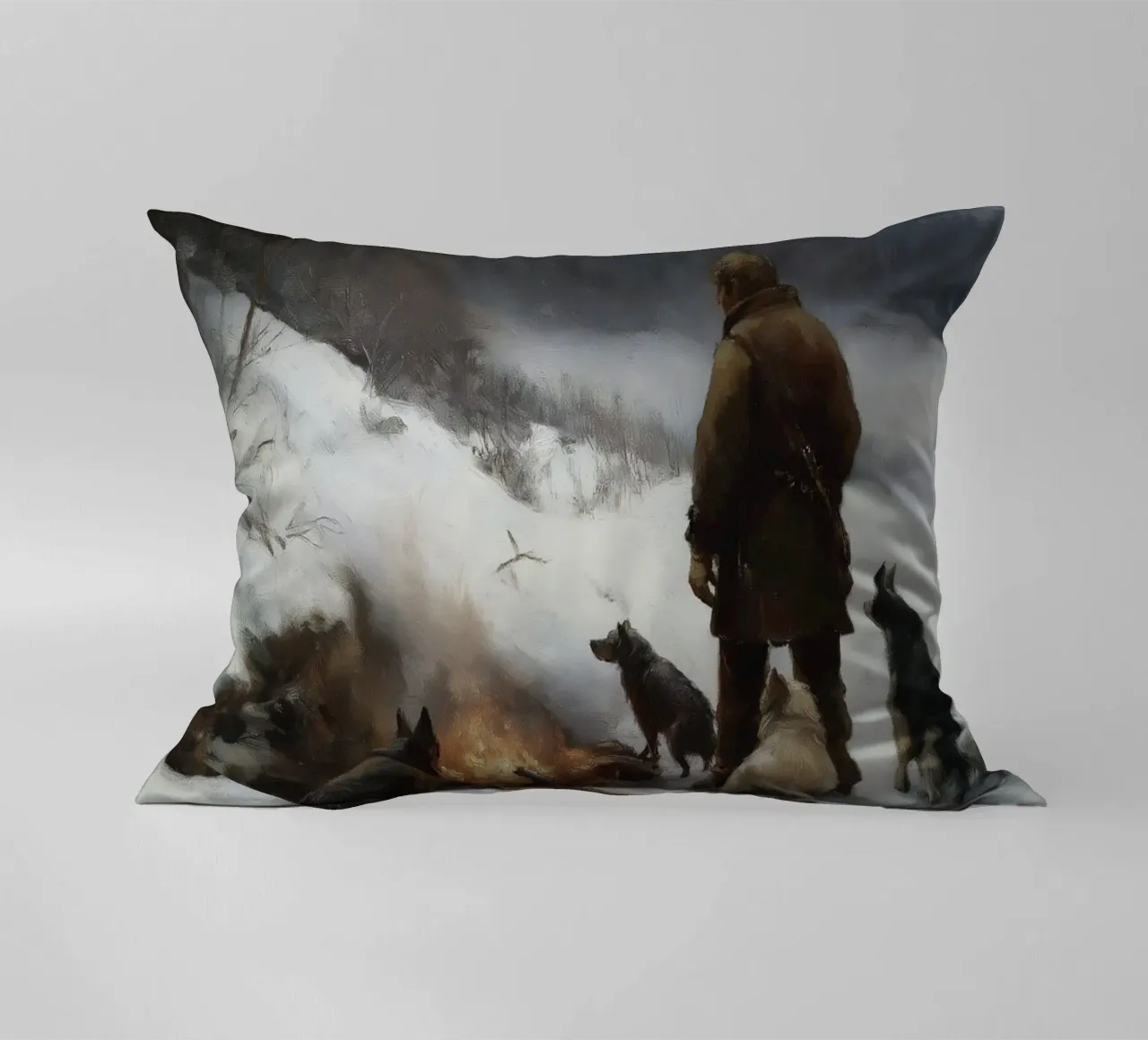Cacciatore d'inverno al fuoco - Cacciatore con cani Stampa d'arte cuscino da Cozy Vibes