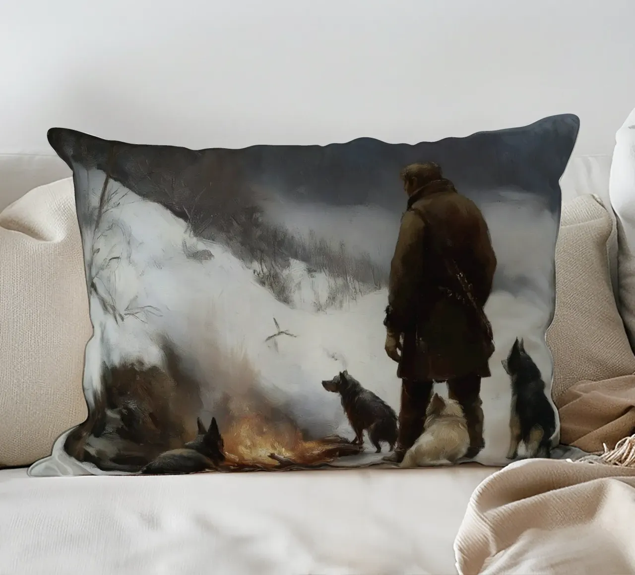 Cacciatore d'inverno al fuoco - Cacciatore con cani Stampa d'arte cuscino da Cozy Vibes