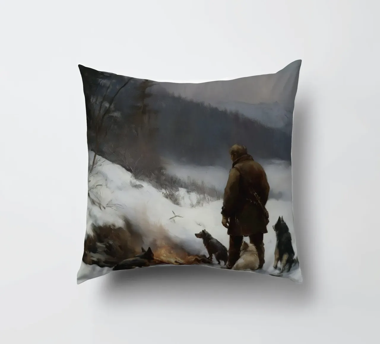 Cacciatore d'inverno al fuoco - Cacciatore con cani Stampa d'arte cuscino da Cozy Vibes
