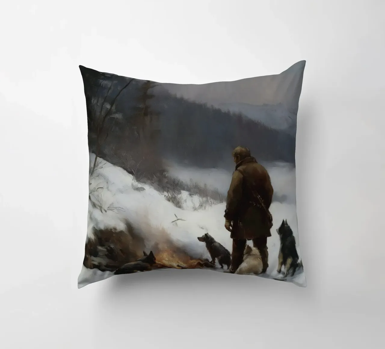 Cacciatore d'inverno al fuoco - Cacciatore con cani Stampa d'arte cuscino da Cozy Vibes