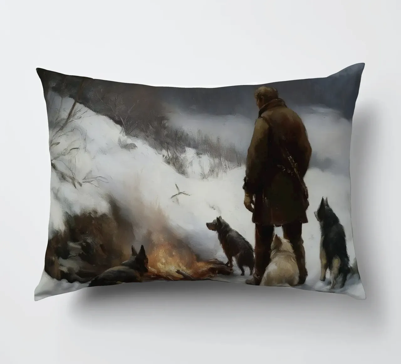Cacciatore d'inverno al fuoco - Cacciatore con cani Stampa d'arte cuscino da Cozy Vibes