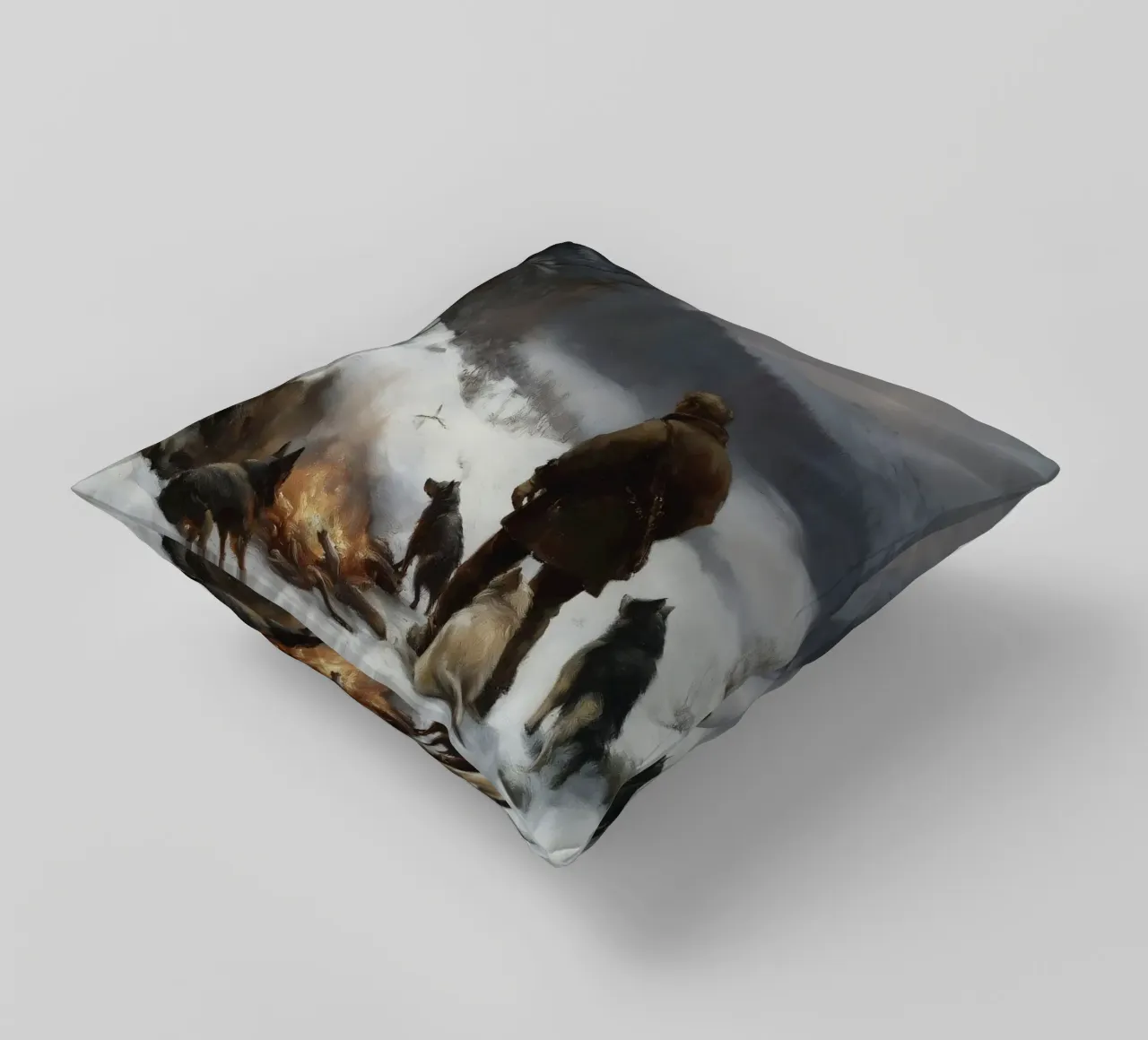 Cacciatore d'inverno al fuoco - Cacciatore con cani Stampa d'arte cuscino da Cozy Vibes