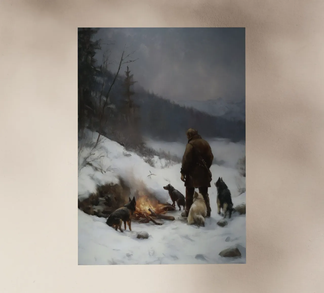 Cacciatore d'inverno al fuoco - Cacciatore con cani Stampa d'arte pellicola backlit da Cozy Vibes