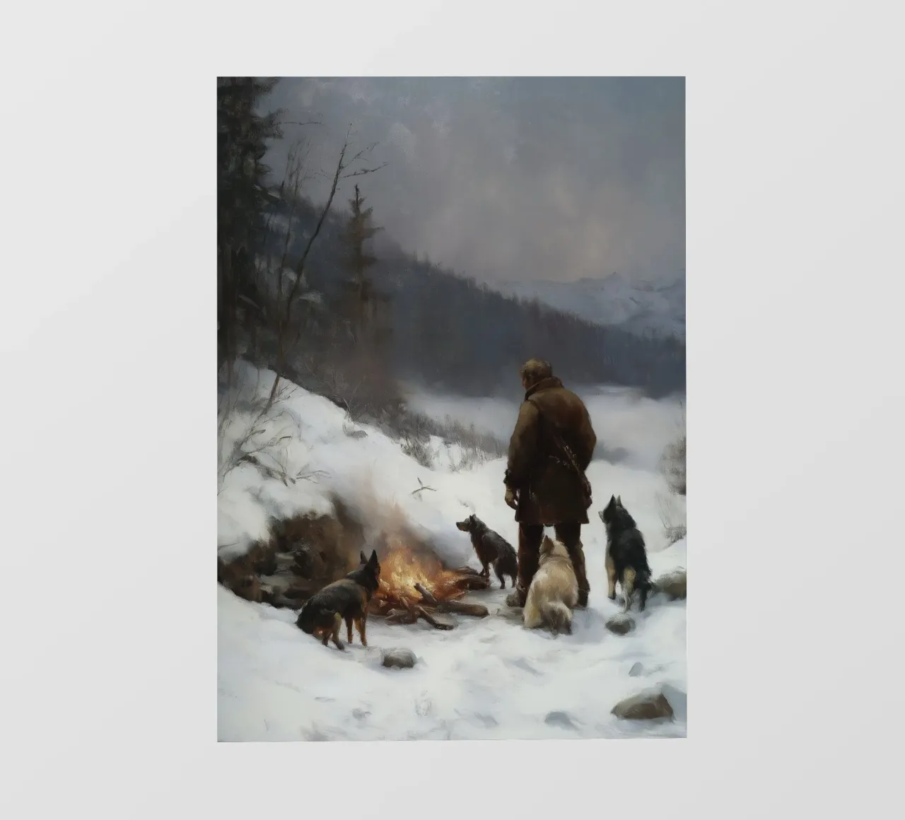 Cacciatore d'inverno al fuoco - Cacciatore con cani Stampa d'arte pellicola backlit da Cozy Vibes