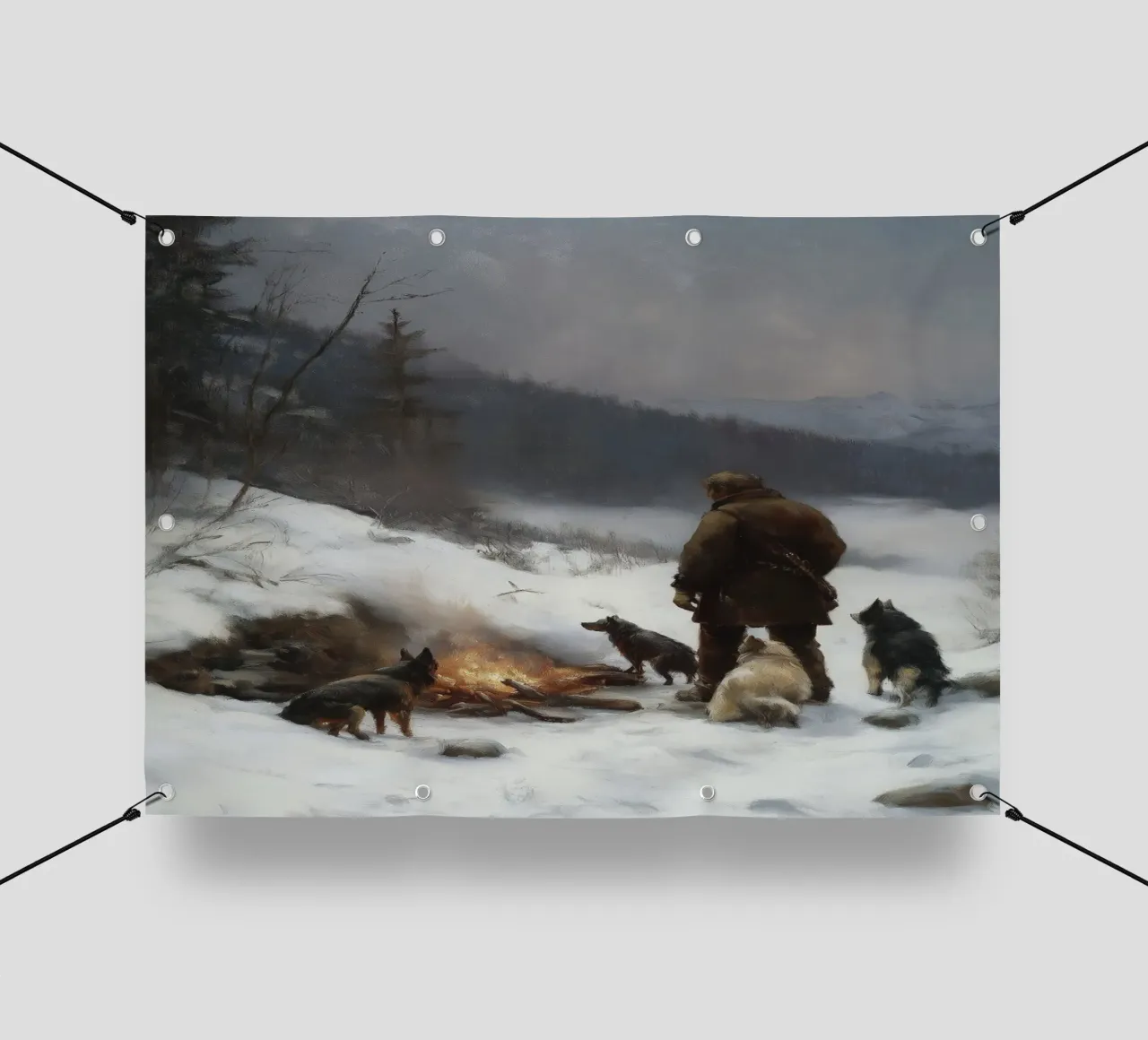 Cacciatore d'inverno al fuoco - Cacciatore con cani Stampa d'arte telo in pvc da Cozy Vibes