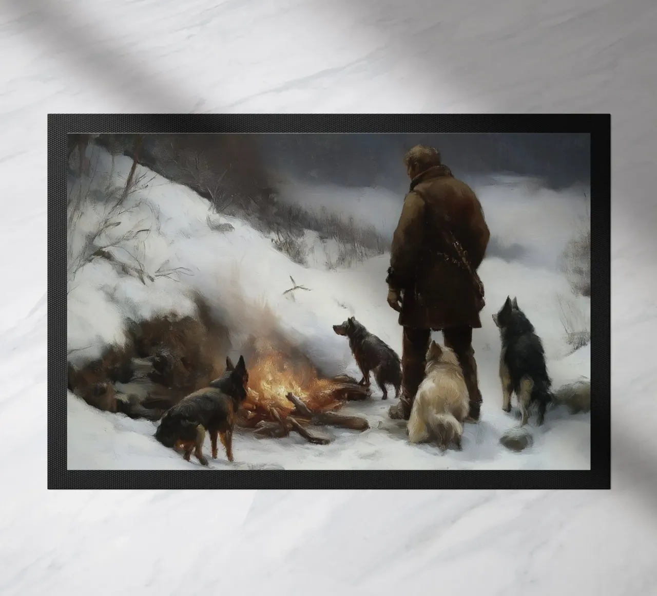 Cacciatore d'inverno al fuoco - Cacciatore con cani Stampa d'arte zerbino da Cozy Vibes