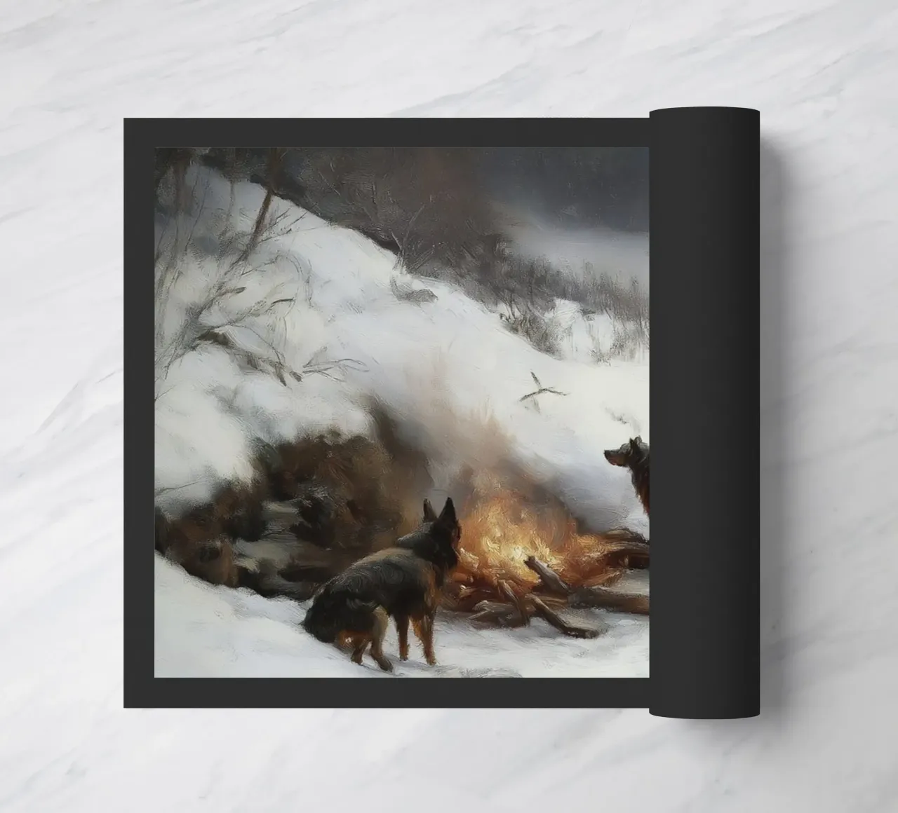 Cacciatore d'inverno al fuoco - Cacciatore con cani Stampa d'arte zerbino da Cozy Vibes