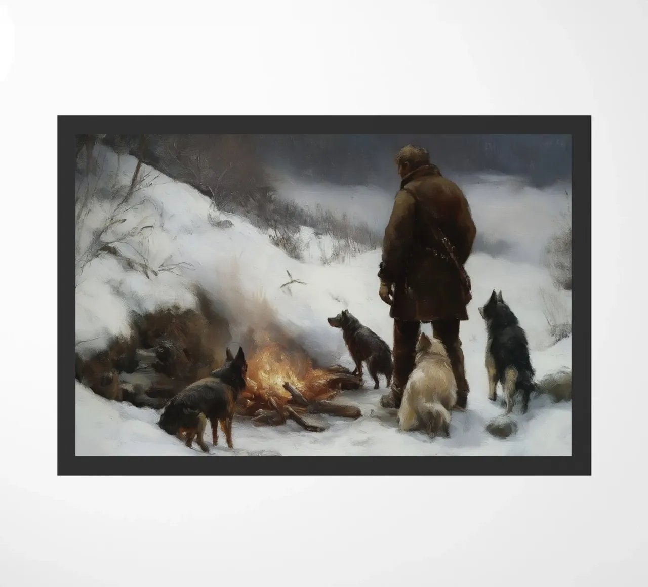 Cacciatore d'inverno al fuoco - Cacciatore con cani Stampa d'arte zerbino da Cozy Vibes
