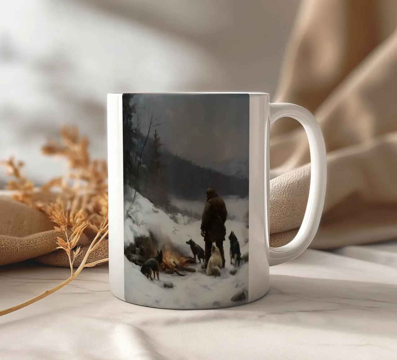 Cacciatore d'inverno al fuoco - Cacciatore con cani Stampa d'arte tazza in ceramica da Cozy Vibes