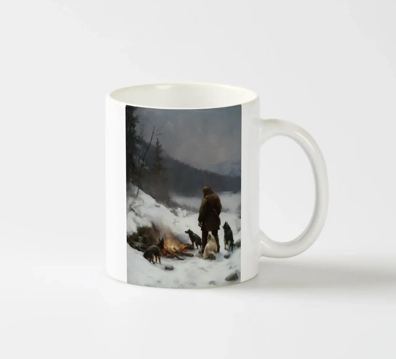 Cacciatore d'inverno al fuoco - Cacciatore con cani Stampa d'arte tazza in ceramica da Cozy Vibes