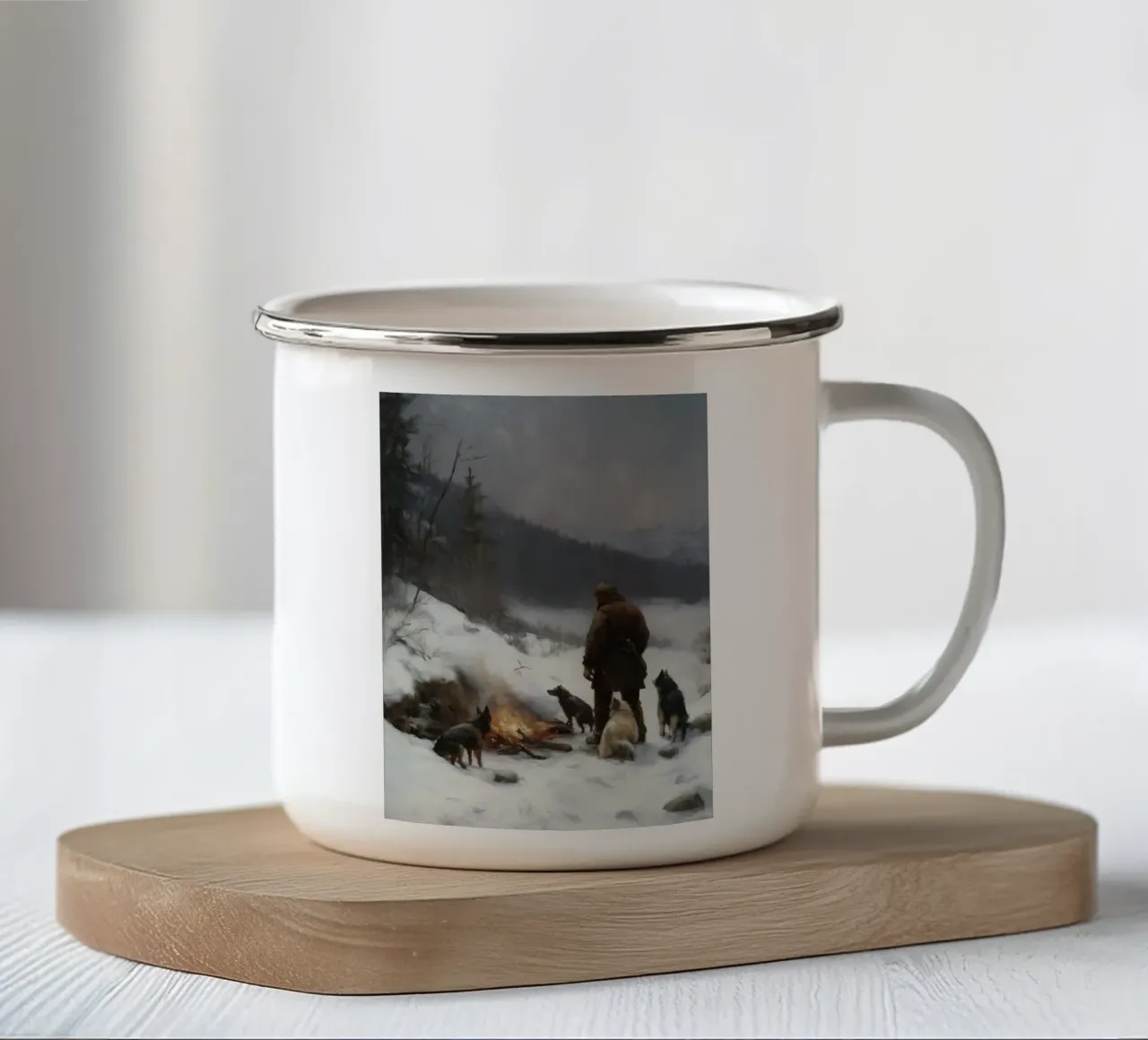 Cacciatore d'inverno al fuoco - Cacciatore con cani Stampa d'arte tazza in smalto da Cozy Vibes
