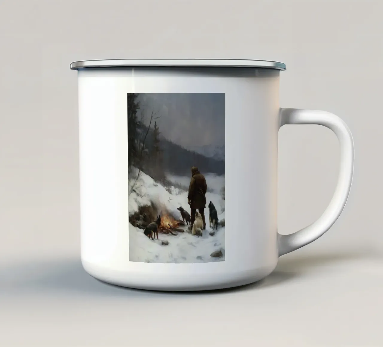 Cacciatore d'inverno al fuoco - Cacciatore con cani Stampa d'arte tazza in smalto da Cozy Vibes