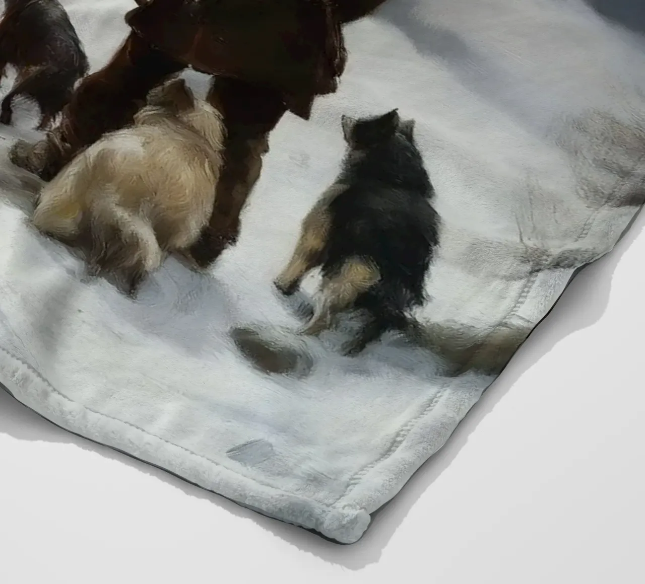 Cacciatore d'inverno al fuoco - Cacciatore con cani Stampa d'arte coperta in pile da Cozy Vibes