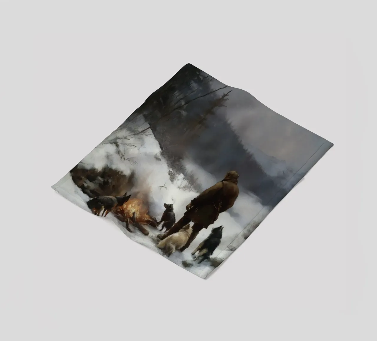 Cacciatore d'inverno al fuoco - Cacciatore con cani Stampa d'arte coperta in pile da Cozy Vibes