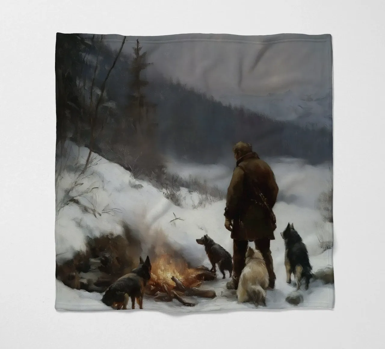 Cacciatore d'inverno al fuoco - Cacciatore con cani Stampa d'arte coperta in pile da Cozy Vibes