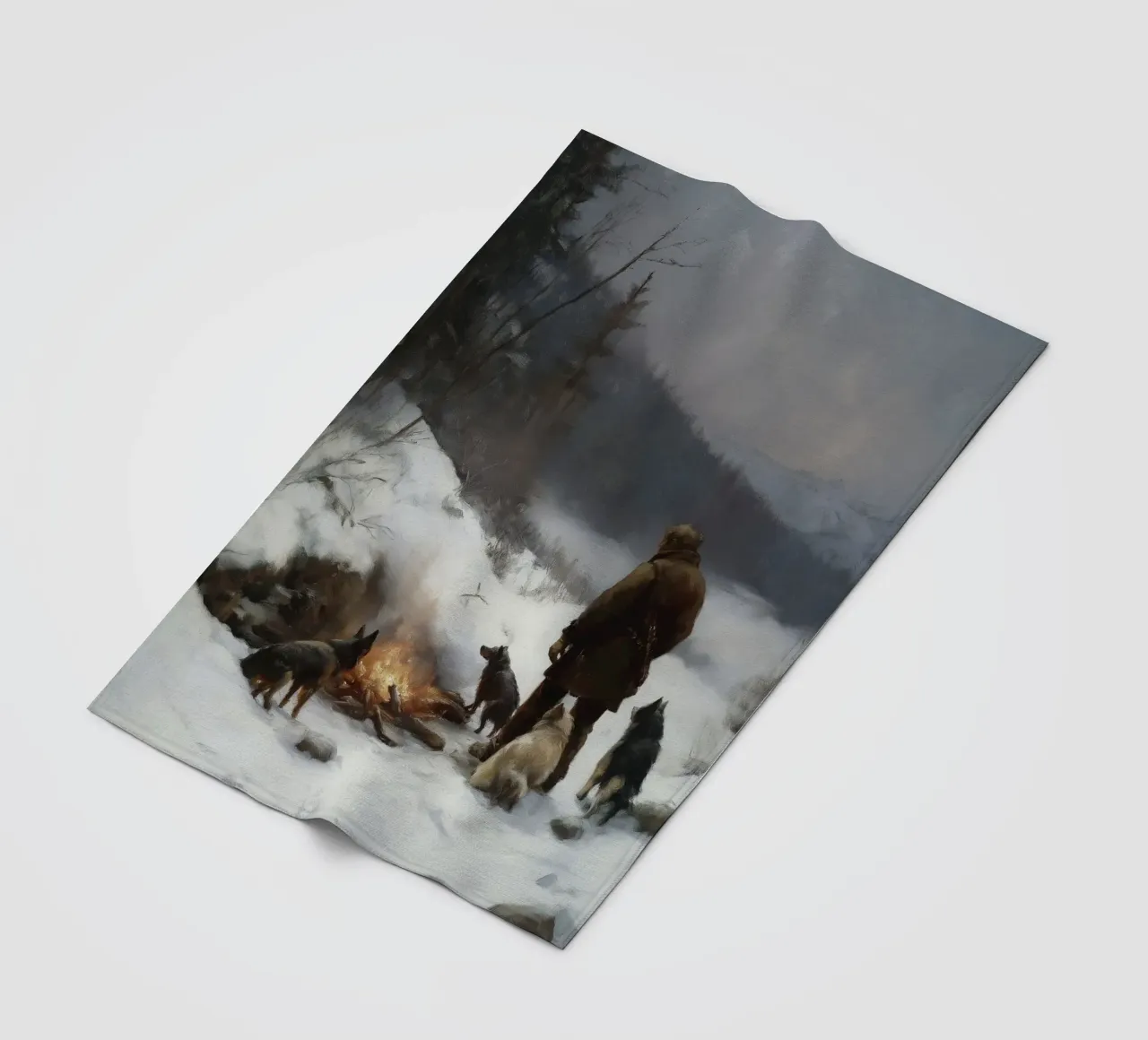 Cacciatore d'inverno al fuoco - Cacciatore con cani Stampa d'arte coperta in pile da Cozy Vibes
