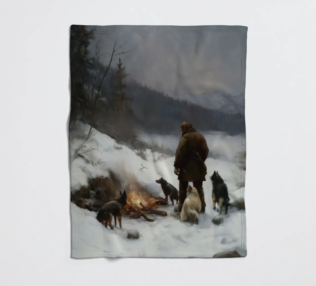 Cacciatore d'inverno al fuoco - Cacciatore con cani Stampa d'arte coperta in pile da Cozy Vibes