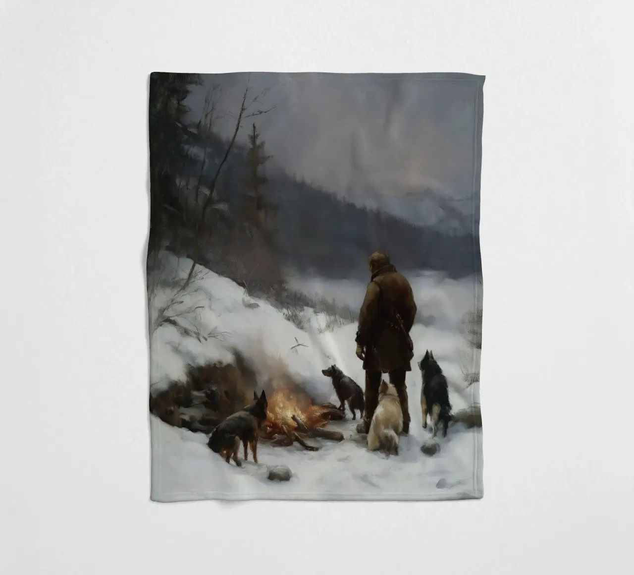 Cacciatore d'inverno al fuoco - Cacciatore con cani Stampa d'arte coperta in pile da Cozy Vibes