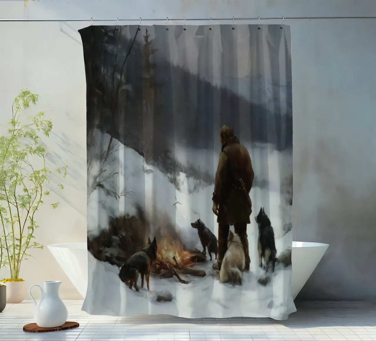 Cacciatore d'inverno al fuoco - Cacciatore con cani Stampa d'arte tenda da doccia da Cozy Vibes