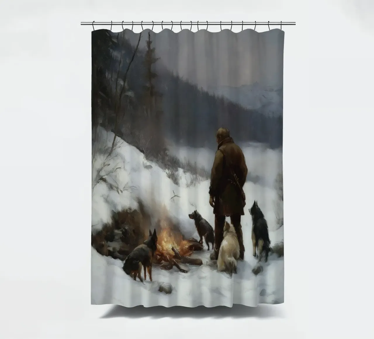 Cacciatore d'inverno al fuoco - Cacciatore con cani Stampa d'arte tenda da doccia da Cozy Vibes